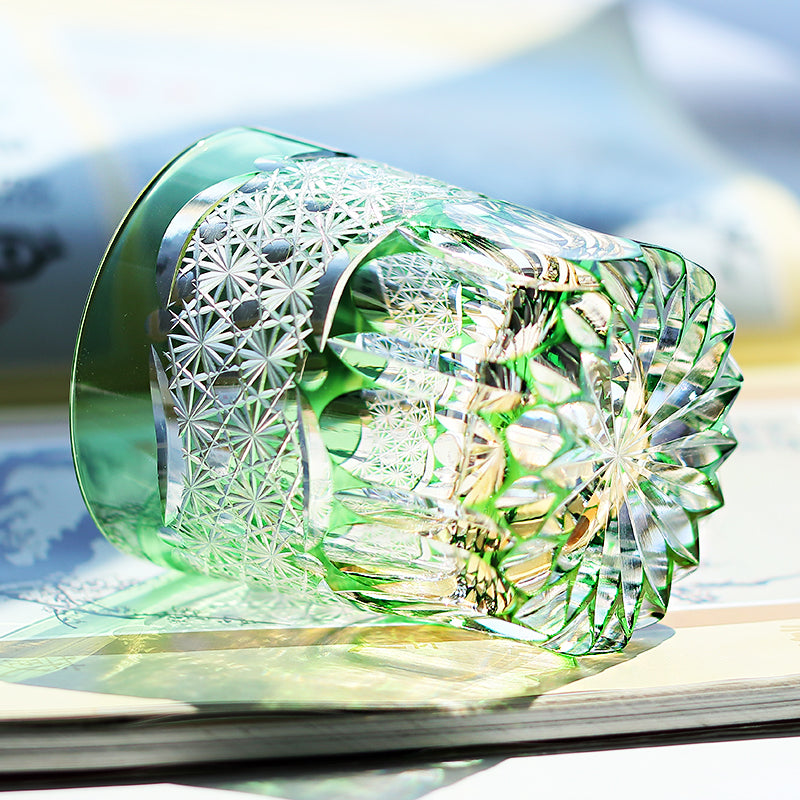 JP-049-2 240ml New 3kinds color Transparent Green and Amber Cased Crystal Glass Whiskey Tumblers with Hand Carved Chrysanthemum Mesh and globular cuts Design