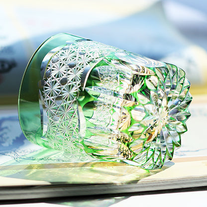 JP-049-2 240ml New 3kinds color Transparent Green and Amber Cased Crystal Glass Whiskey Tumblers with Hand Carved Chrysanthemum Mesh and globular cuts Design