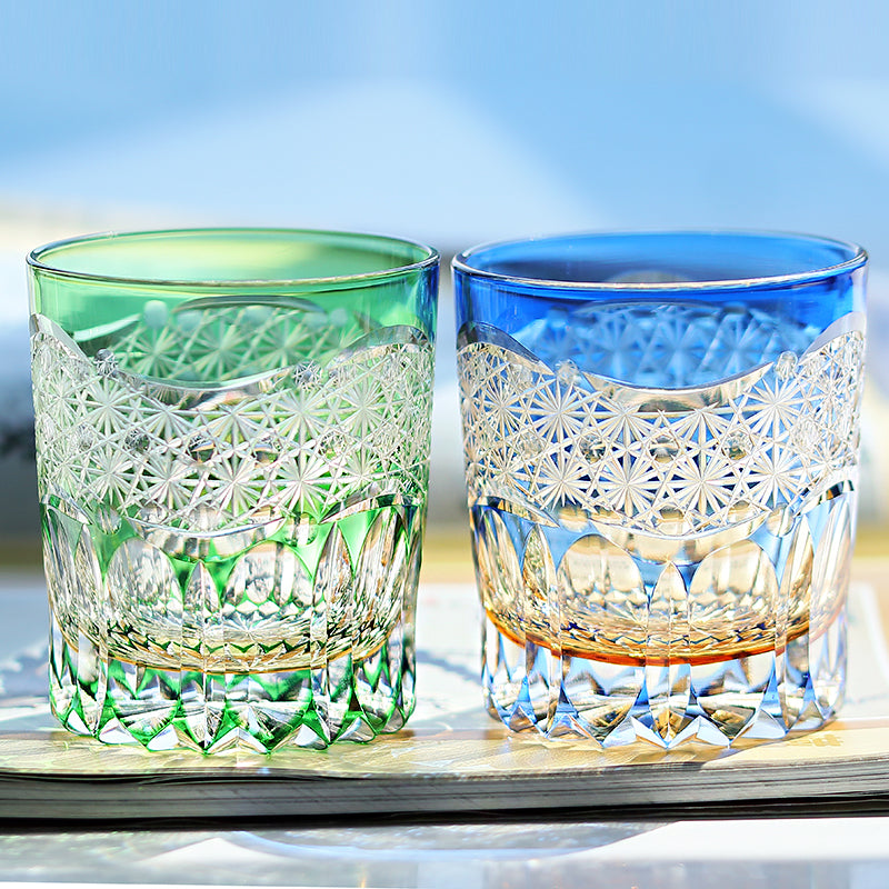 JP-049-2 240ml New 3kinds color Transparent Green and Amber Cased Crystal Glass Whiskey Tumblers with Hand Carved Chrysanthemum Mesh and globular cuts Design