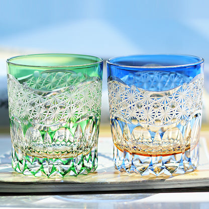 JP-049-2 240ml New 3kinds color Transparent Green and Amber Cased Crystal Glass Whiskey Tumblers with Hand Carved Chrysanthemum Mesh and globular cuts Design