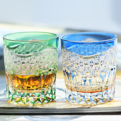 JP-049-2 New 3kinds color Transparent Blue and Amber Cased Glass Whiskey Tumblers with Hand Carved Mountain and Lotus Design