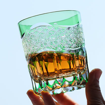 JP-049-2 240ml New 3kinds color Transparent Green and Amber Cased Crystal Glass Whiskey Tumblers with Hand Carved Chrysanthemum Mesh and globular cuts Design