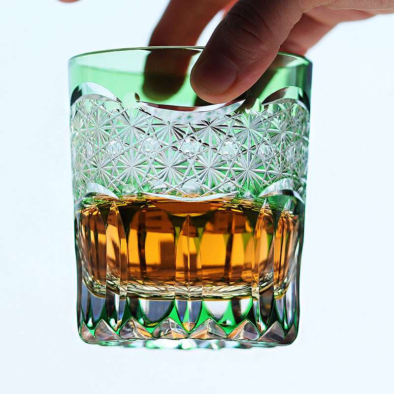 JP-049-2 240ml New 3kinds color Transparent Green and Amber Cased Crystal Glass Whiskey Tumblers with Hand Carved Chrysanthemum Mesh and globular cuts Design