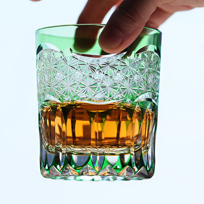 JP-049-2 240ml New 3kinds color Transparent Green and Amber Cased Crystal Glass Whiskey Tumblers with Hand Carved Chrysanthemum Mesh and globular cuts Design