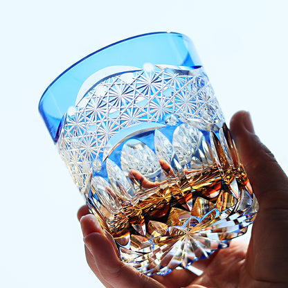 JP-049-2 New 3kinds color Transparent Blue and Amber Cased Glass Whiskey Tumblers with Hand Carved Mountain and Lotus Design