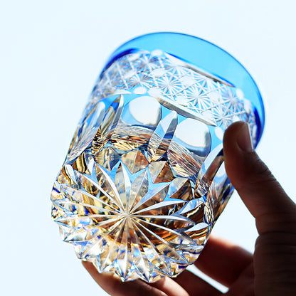 JP-049-2 New 3kinds color Transparent Blue and Amber Cased Glass Whiskey Tumblers with Hand Carved Mountain and Lotus Design