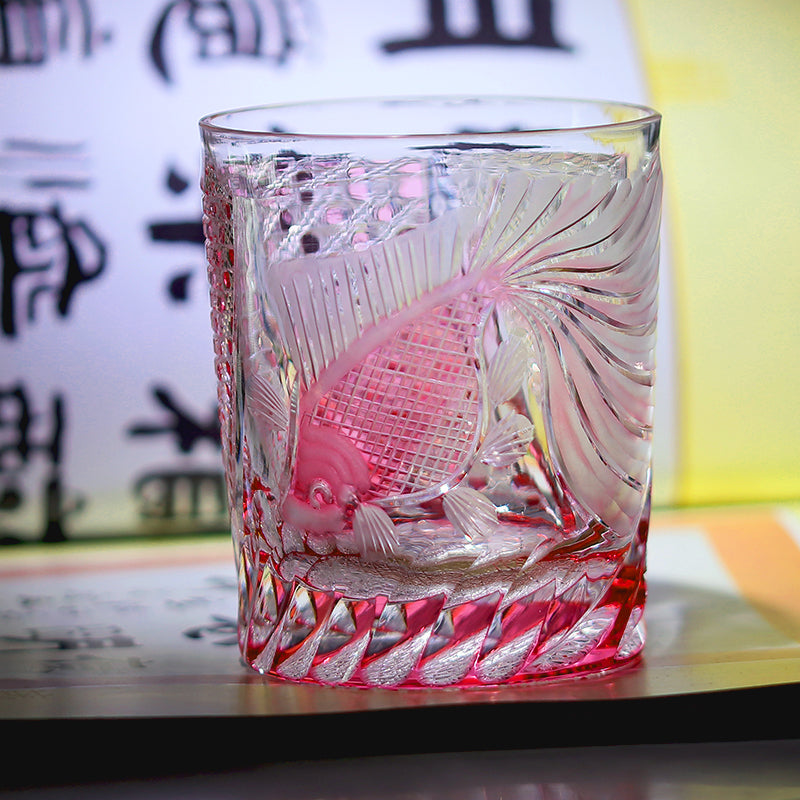 JP-019 260ml Japanese Style Edo Kiriko Handcrafted Rose Koi Whisky Glasses Gold Pink In Gift Box