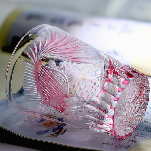 JP-019 280ml Edo Kiriko Handcrafted Rose Koi Cocktail Whisky Glasses Gold Pink In Gift Box