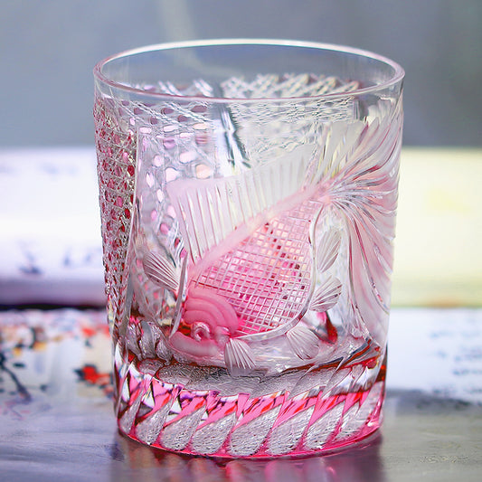 JP-019 260ml Japanese Style Edo Kiriko Handcrafted Rose Koi Whisky Glasses Gold Pink In Gift Box