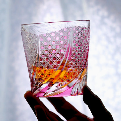 JP-019 320ml  Edo Kiriko Handcrafted Rose Koi Old Fashioned Whisky Glasses Gold Pink In Gift Box