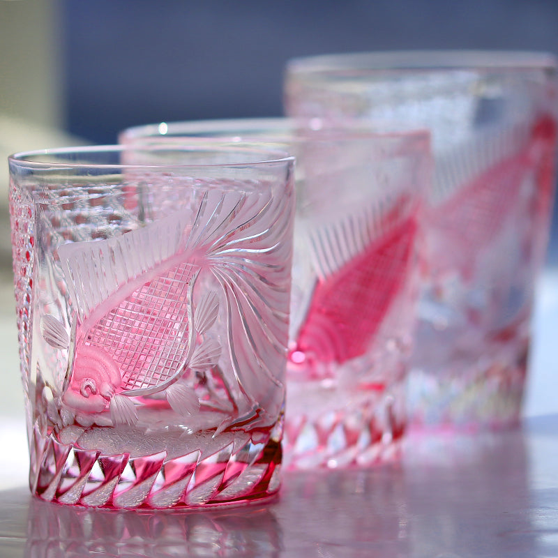 JP-019 320ml  Edo Kiriko Handcrafted Rose Koi Old Fashioned Whisky Glasses Gold Pink In Gift Box