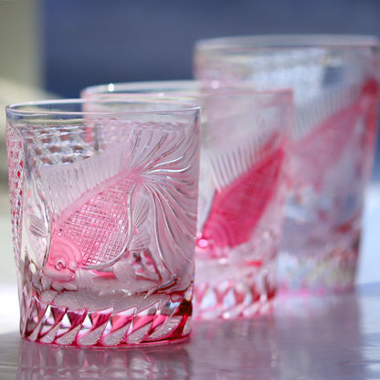 JP-019 320ml  Edo Kiriko Handcrafted Rose Koi Old Fashioned Whisky Glasses Gold Pink In Gift Box