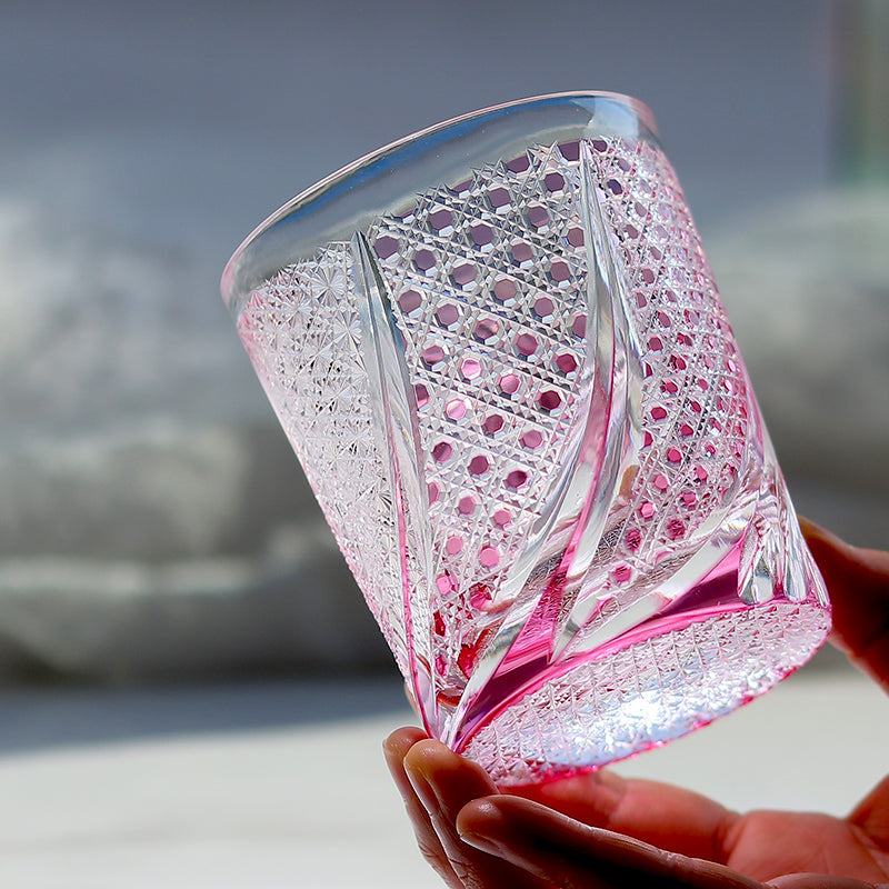 JP-019 260ml Japanese Style Edo Kiriko Handcrafted Rose Koi Whisky Glasses Gold Pink In Gift Box