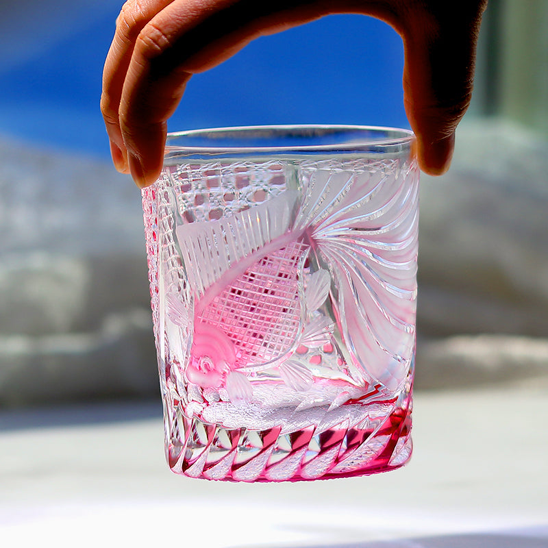 JP-019 260ml Japanese Style Edo Kiriko Handcrafted Rose Koi Whisky Glasses Gold Pink In Gift Box