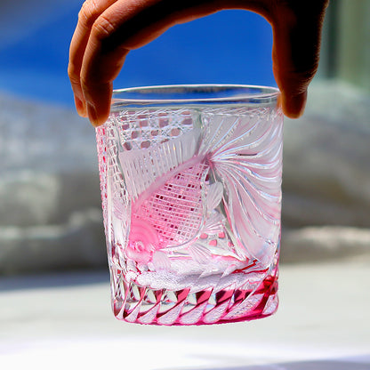 JP-019 260ml Japanese Style Edo Kiriko Handcrafted Rose Koi Whisky Glasses Gold Pink In Gift Box