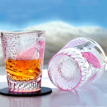 JP-019 280ml Edo Kiriko Handcrafted Rose Koi Cocktail Whisky Glasses Gold Pink In Gift Box