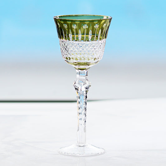 JP-097 150ml 5oz Hand Blown Chartreuse Color Cased Glass Stem Wine Glass Goblet Hand Cutting Lotus Deisgn