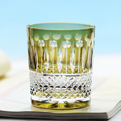 JP-003  Handcrafts Edo Kiriko Army Green Whiskey Glass Tumblers Hand Cutting Lotus and Diamond Pattern In Gift Box