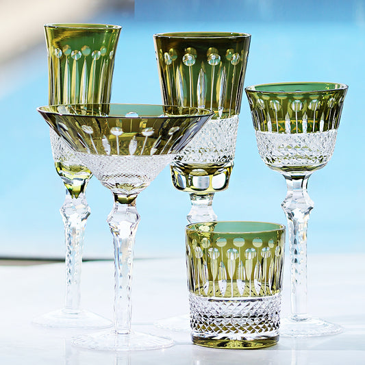 Handcrafted Army Green Colored Crystal Stem Glass Barware With Hand Cut Timeless Design