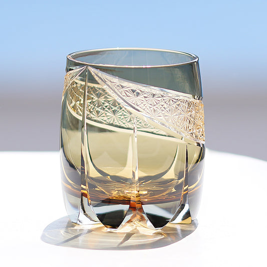 JP-065  310ml Grey Japanese Style Edo Kiriko Handcrafted Obsidian Lightning Whisky Glass Roundish With Gift Box