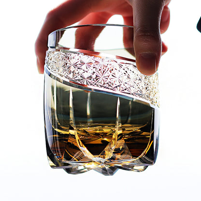 JP-065  310ml Grey Japanese Style Edo Kiriko Handcrafted Obsidian Lightning Whisky Glass Roundish With Gift Box