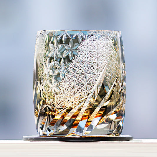 JP-067  310ml Edo Kiriko's Handcrafted Grey Whisky Glasses In Gift Box Hand Cut To Clear Old Fashioned Glasses'Theme "FENGHUAXUEYUE"