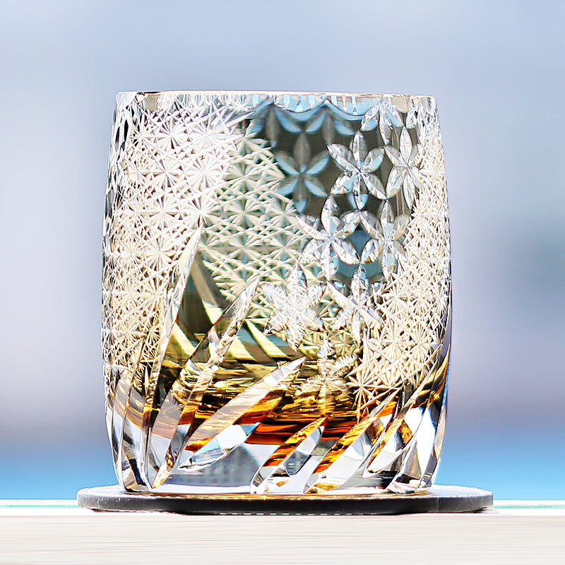 JP-067  310ml Edo Kiriko's Handcrafted Grey Whisky Glasses In Gift Box Hand Cut To Clear Old Fashioned Glasses'Theme "FENGHUAXUEYUE"