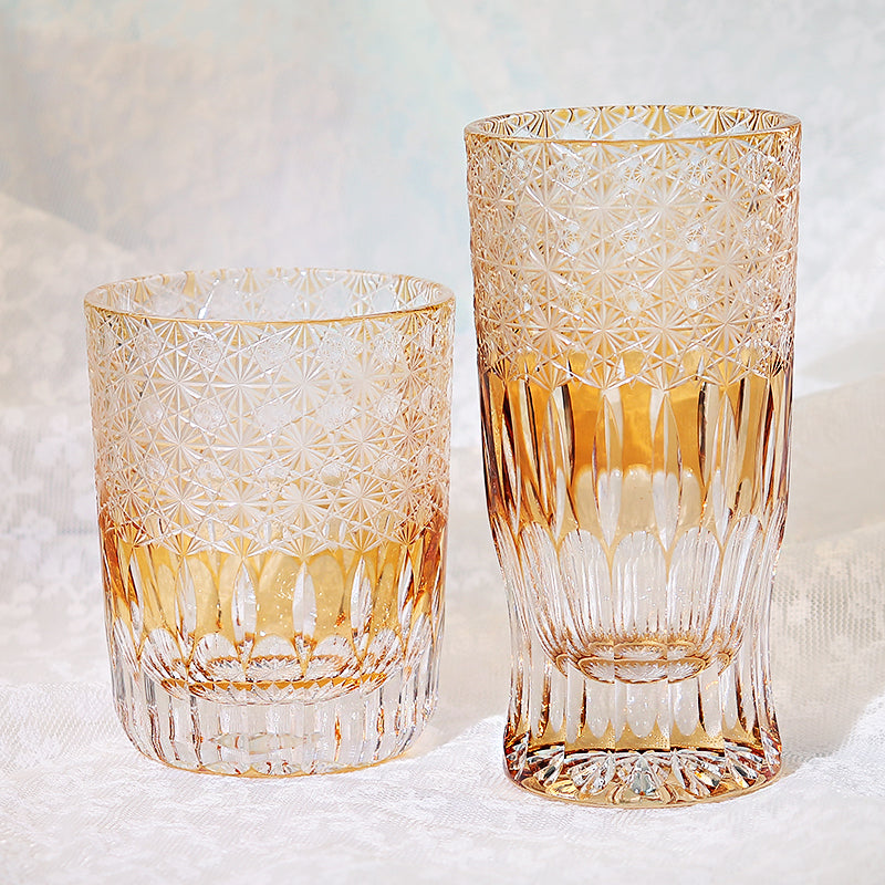 JP-005  Handcrafts Edo Kiriko Orange Old Fashioned Glass Beer Glass Tumbler In Gift Box