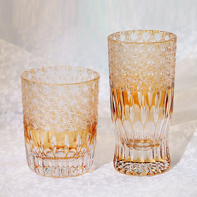 Orange Lowball & Highball Glass Floral Design
