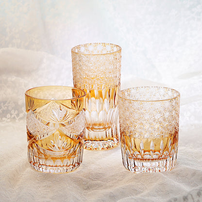 JP-004  Handcrafts Edo Kiriko Orange Cased Crystal Glass Cocktail Tumbler Beer Glass 260ml In Gift Box