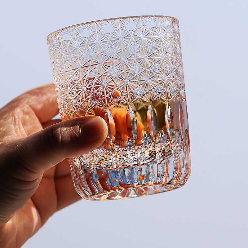 JP-005  Handcrafts Edo Kiriko Orange Old Fashioned Glass Beer Glass Tumbler In Gift Box