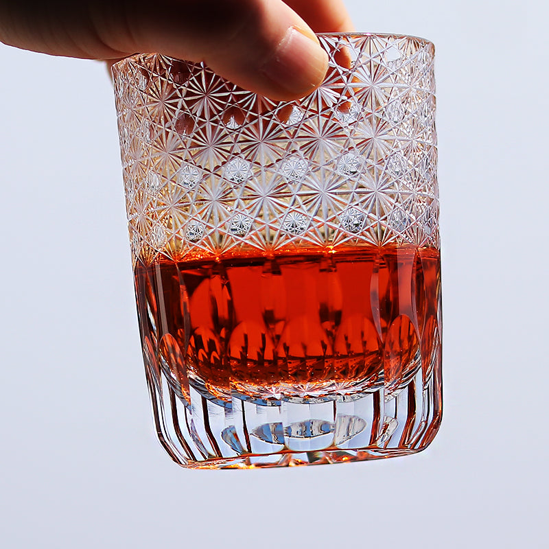 JP-005  Handcrafts Edo Kiriko Orange Old Fashioned Glass Beer Glass Tumbler In Gift Box