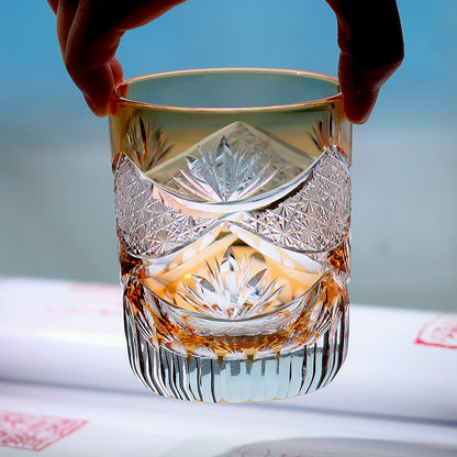 JP-007  Handcrafts Edo Kiriko Orange Whiskey Glass Cutting Crown Jewel Design 280 ml