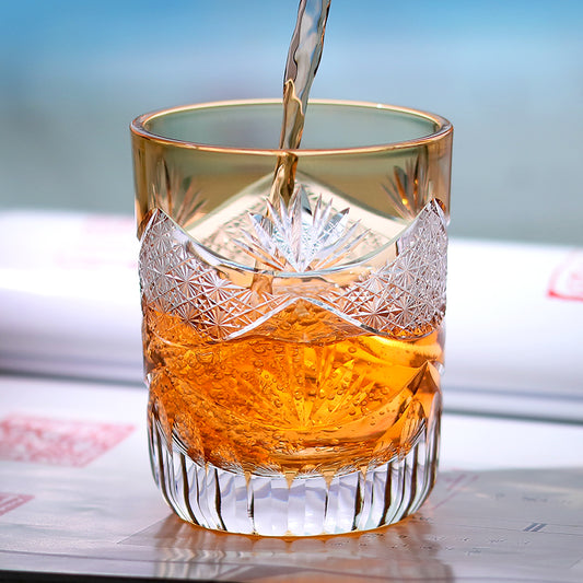 JP-007  Handcrafts Edo Kiriko Orange Whiskey Glass Cutting Crown Jewel Design 280 ml