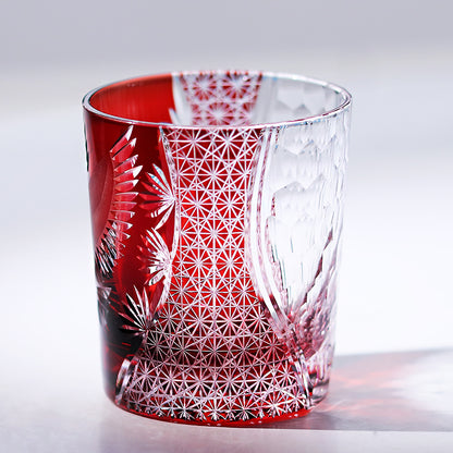 JP-043 250 ml Handcrafts Edo Kiriko Crane Whiskey Glasses Ruby Red  In Gift Box