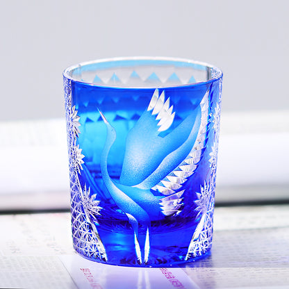 JP-043 250 ml Handcrafts Edo Kiriko Crane Whiskey Glasses Blue In Gift Box