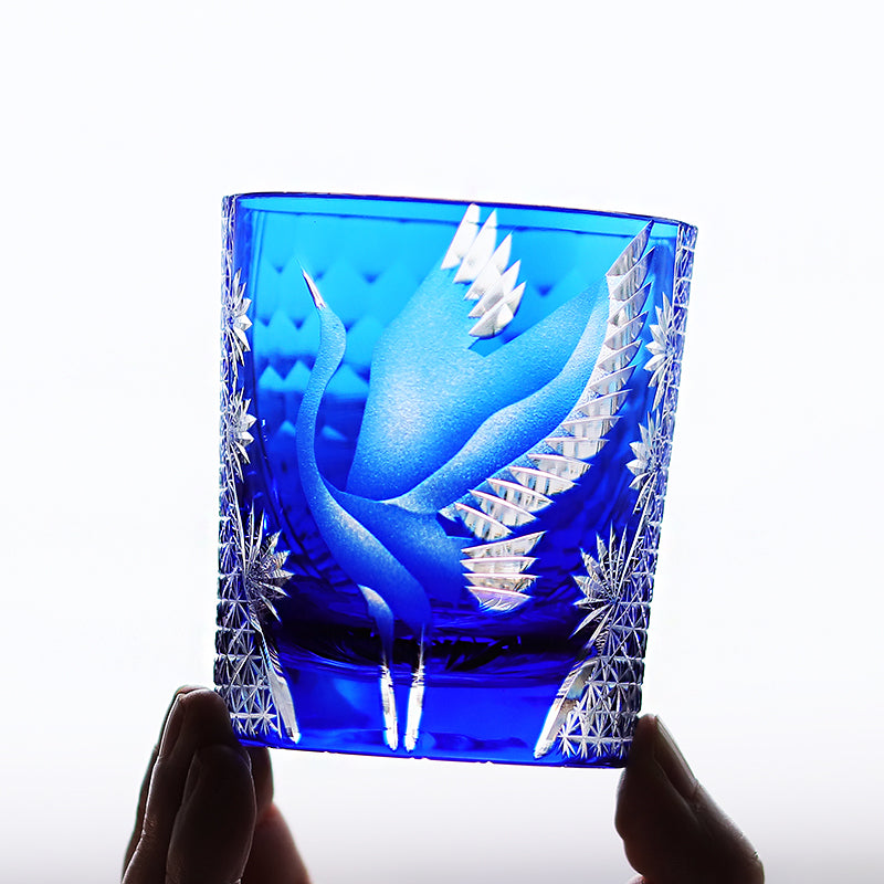 JP-043 250 ml Handcrafts Edo Kiriko Crane Whiskey Glasses Blue In Gift Box