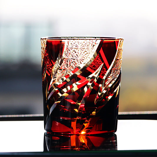 JP-029 25 CL Ruby Red and Amber Tinted Glass Whiskey Tumbler With Classic Hand Cut Burning Flame Pattern