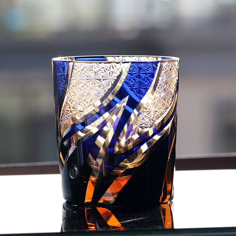 JP-029 25 CL Blue and Amber Tinted Glass Whiskey Tumbler With Classic Hand Cut Burning Flame Pattern