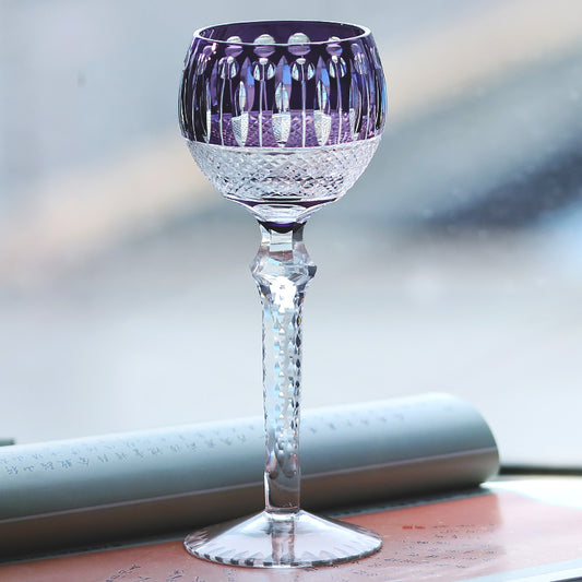 JP-096  8oz Hand Cut to Clear and Purple Colored Wine Glass Goblet Hand Cutting Lotus Deisgn
