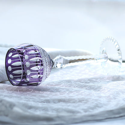 JP-096  8oz Hand Cut to Clear and Purple Colored Wine Glass Goblet Hand Cutting Lotus Deisgn