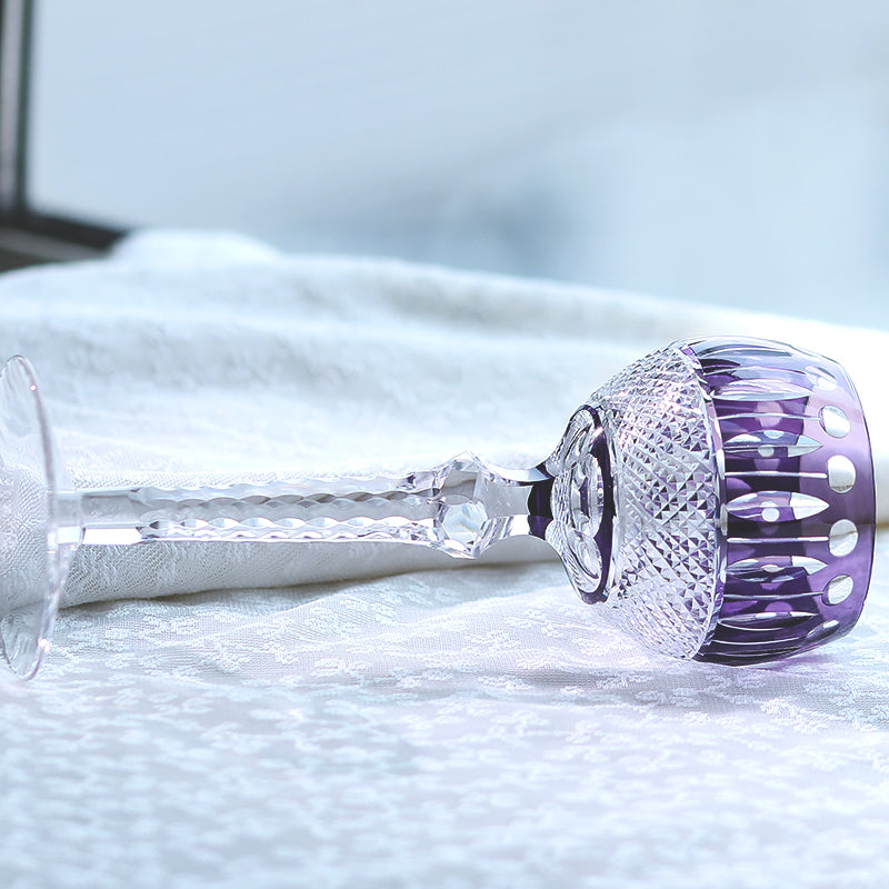 JP-096  8oz Hand Cut to Clear and Purple Colored Wine Glass Goblet Hand Cutting Lotus Deisgn