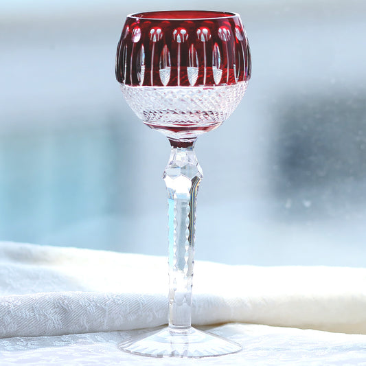 JP-096  8oz Handcrafted Ruby Red Wine Glass Goblet Hand Cutting Lotus Deisgn
