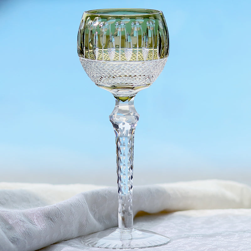 JP-096  8oz Hand Engraved Army Green Colored Wine Glass with Classic Cutting Lotus Deisgn