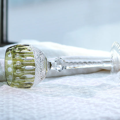JP-096  8oz Hand Engraved Army Green Colored Wine Glass with Classic Cutting Lotus Deisgn