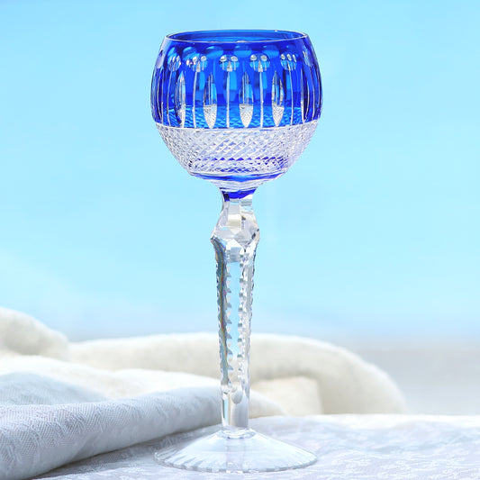 JP-096  8 oz Handcrafted Blue Color Cased Wine Glass Goblet Hand Cutting Lotus Deisgn