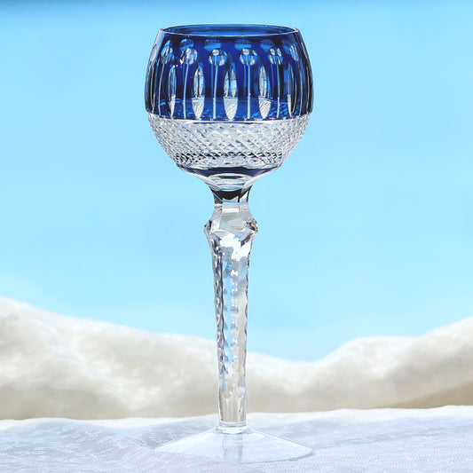 JP-096  8 oz Hand Cut and Smokey Blue Colored Wine Glass Stem Glass Goblet Engraved Lotus Deisgn