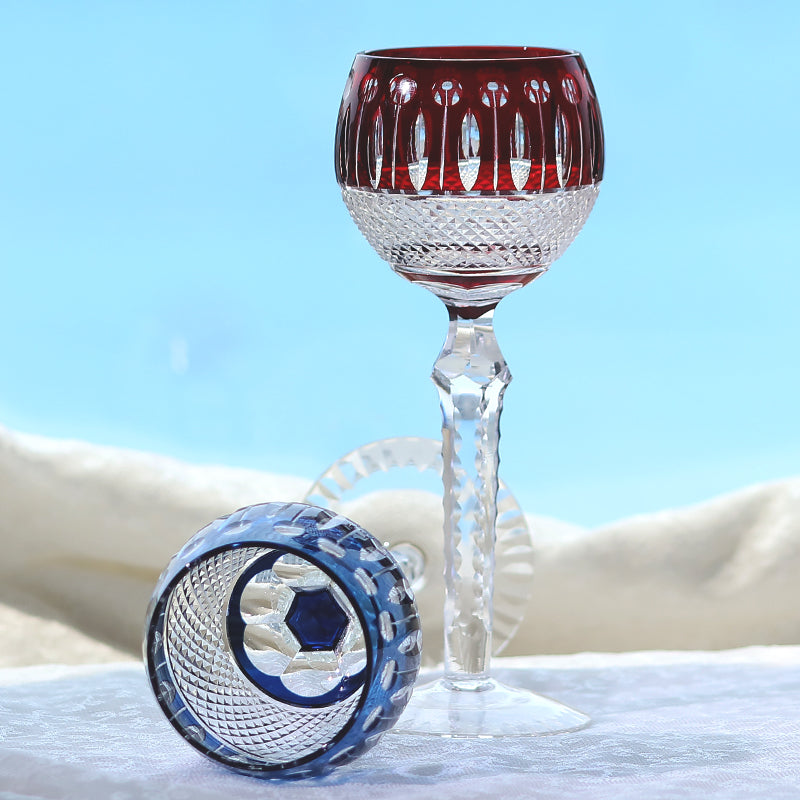 JP-096  8 oz Hand Cut and Smokey Blue Colored Wine Glass Stem Glass Goblet Engraved Lotus Deisgn