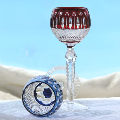 JP-096  8 oz Hand Cut and Smokey Blue Colored Wine Glass Stem Glass Goblet Engraved Lotus Deisgn