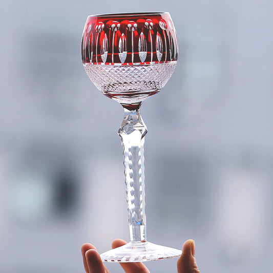 JP-096  8oz Handcrafted Ruby Red Wine Glass Goblet Hand Cutting Lotus Deisgn
